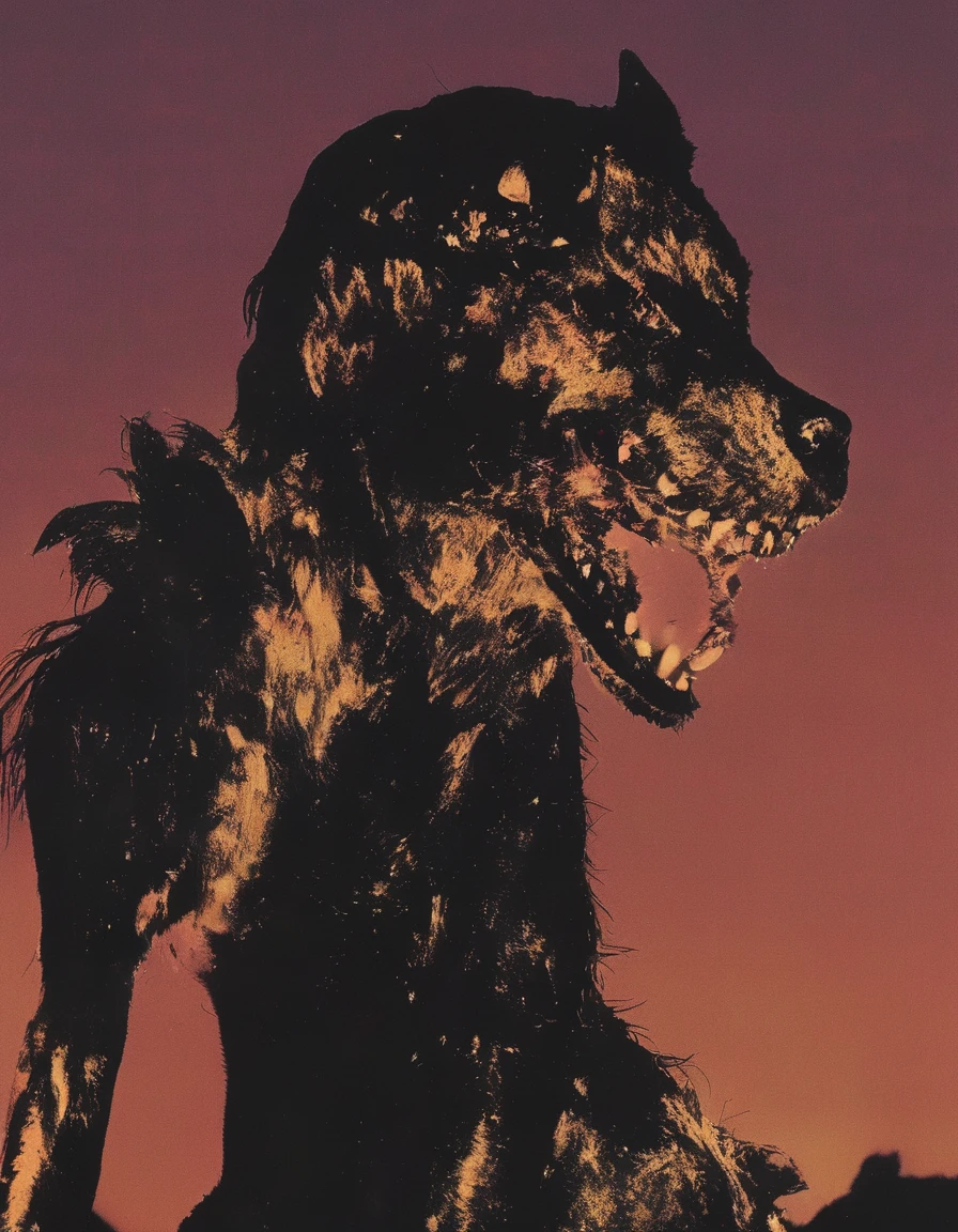 film photography, vintage, fashion shoot of female horror monster, sunrise background