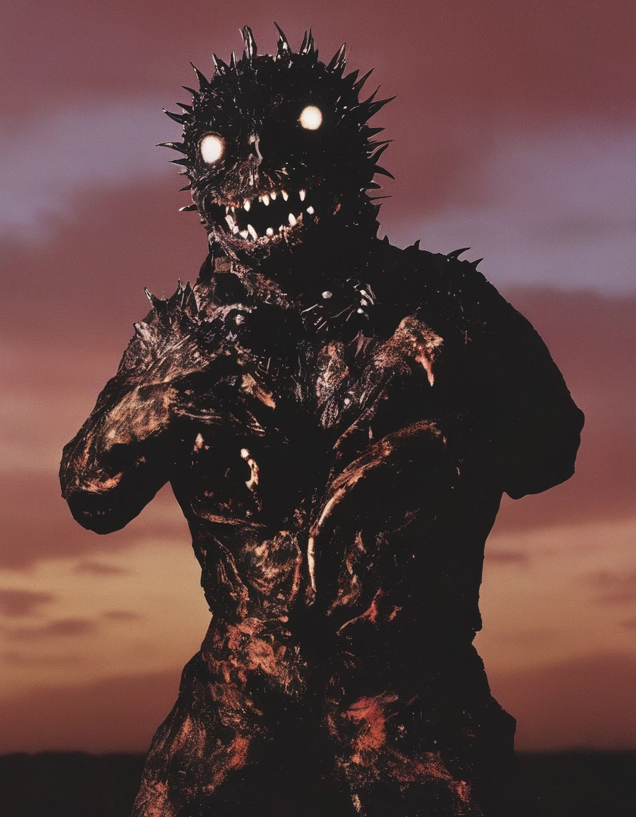 film photography, vintage, fashion shoot of female horror monster, sunrise background