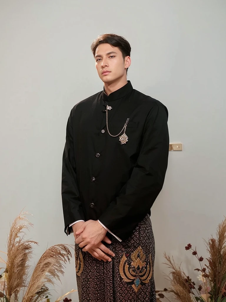 1 man, eiser grayon from the manhwa serena, Handsome, Webtoon, realistic, ultra realistic, hd, 8k, short black hair, blue eyes, typical Javanese Indonesian clothing
