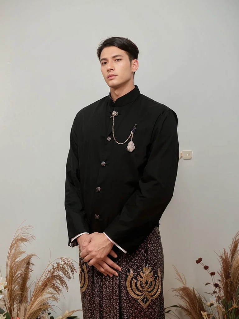 1 man, eiser grayon from the manhwa serena, Handsome, Webtoon, realistic, ultra realistic, hd, 8k, short black hair, blue eyes, typical Javanese Indonesian clothing