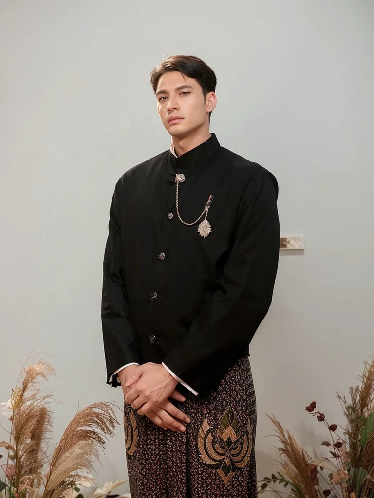 1 man, eiser grayon from the manhwa serena, Handsome, Webtoon, realistic, ultra realistic, hd, 8k, short black hair, blue eyes, typical Javanese Indonesian clothing