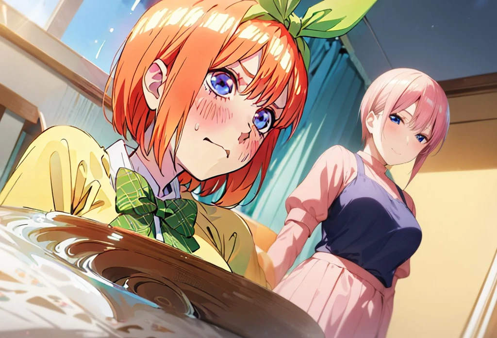  [Nakano yotsuba, nakano_yotsuba, aayotsuba, shoulder length orange hair, green ribbon] blushing, looking down, embarassed face, flustered,nervous, goofy awkward, extremely cute face, in love, best quality)), extremely fine and beautiful, super fine illustration, top-quality、Official art、Beautifully Aesthetic:、vivid colours、colourful, HD Detail, Ultra Detail, soft Light, magical photography, intricate details, , sfw, , indigo eyes, masterpiece, 4k, ultradetailed,
