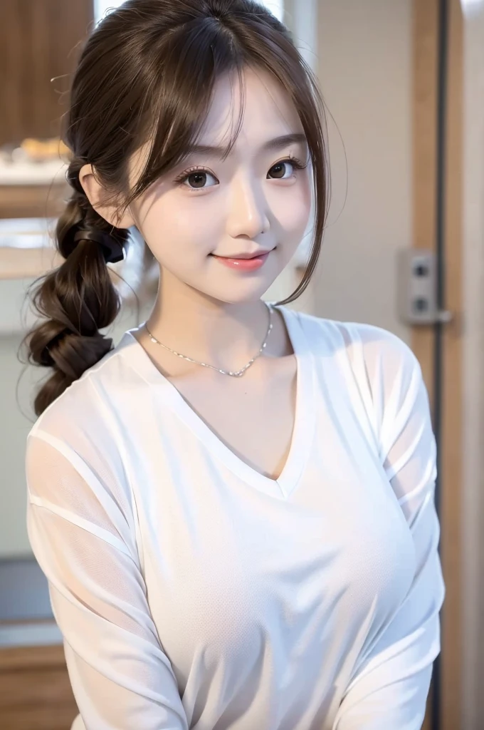 highest quality, masterpiece, ultra high resolution, (realistic:1.4), (close portrait) Raw photo, 1 girl, 22 years old,(((cafe clerk))),((long hair chignon)),(white t-shirt and jeans),Apron appearance,masterpiece, realistic pictures, japanese pictures, fuji negative film, saturation, contrast, Pocari Sweat Advertisement ((small breasts)),((smiling showing teeth)),,brown hair,
