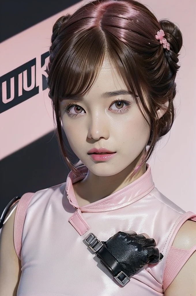 Top Quality, Ultra High Definition, (backlight), (Photorealistic: 1.4), (close up:1.6, focus on face), 1 Beautiful Girl, (Kpop Idol), Detailed Face, (Hair Brown|Pink:1.3, full-bang, updo Hair:2), Contrapposto, Smooth Skin, accurate Anatomy, Professional Lighting, ((wearing Futuristic Police Rush guard, police wappen, High-tech Headset, military harness, racing gloves)), (Cloths based on silver pink black white), (background, (Audience Coming close), crashed cars,