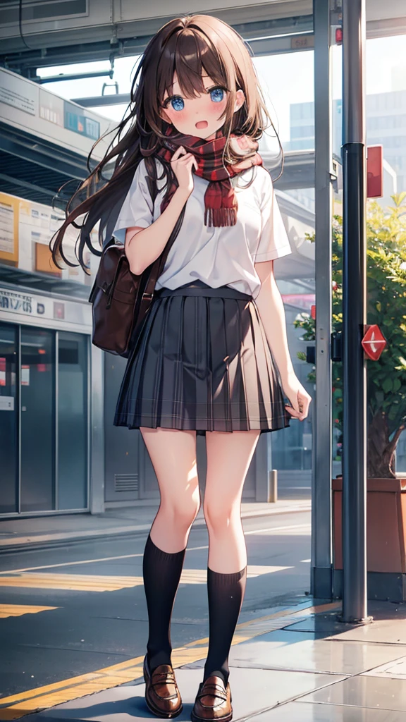 long hair, looking at viewer, blush, smile, open mouth, bangs, blue eyes, multiple girls, skirt, brown hair, shirt, black hair, short sleeves, bow, brown eyes, long hair, standing, white polo shirt, pleated skirt, outdoors, open clothes, shoes, day, socks, striped, collared shirt, hand up, 3girls, bag, scarf, plaid, kneehighs, nose blush, plaid skirt, brown footwear, flying sweatdrops, loafers, grey skirt, school bag, diagonal stripes, train station