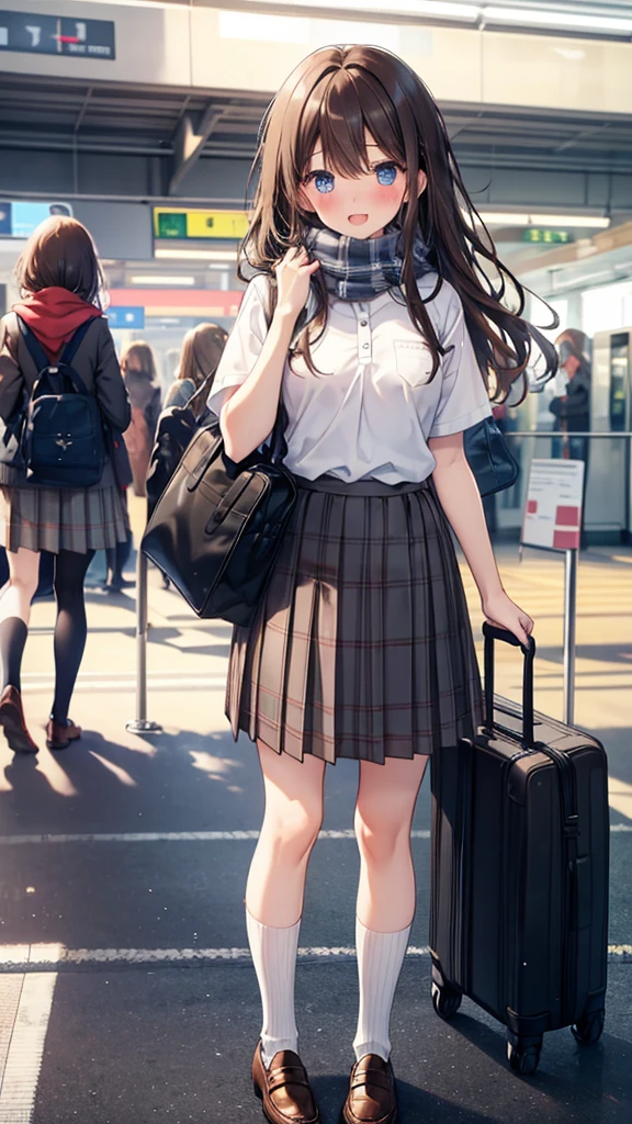 long hair, looking at viewer, blush, smile, open mouth, bangs, blue eyes, multiple girls, skirt, brown hair, shirt, black hair, short sleeves, bow, brown eyes,  long hair, standing, white polo shirt, pleated skirt, outdoors, , shoes, day, socks, striped, collared shirt, hand up, 3girls, bag, scarf, plaid, kneehighs, nose blush, plaid skirt, brown footwear, flying sweatdrops, loafers, grey skirt, school bag, diagonal stripes, train station