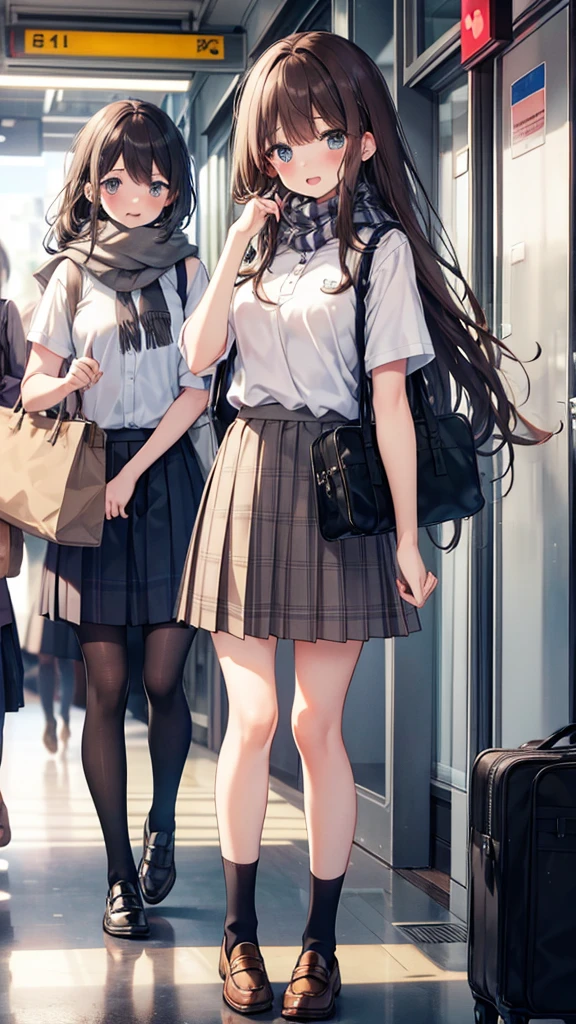 long hair, looking at viewer, blush, smile, open mouth, bangs, blue eyes, multiple girls, skirt, brown hair, shirt, black hair, short sleeves, bow, brown eyes, long hair, standing, white polo shirt, pleated skirt, outdoors, open clothes, shoes, day, socks, striped, collared shirt, hand up, 3girls, bag, scarf, plaid, kneehighs, nose blush, plaid skirt, brown footwear, flying sweatdrops, loafers, grey skirt, school bag, diagonal stripes, train station
