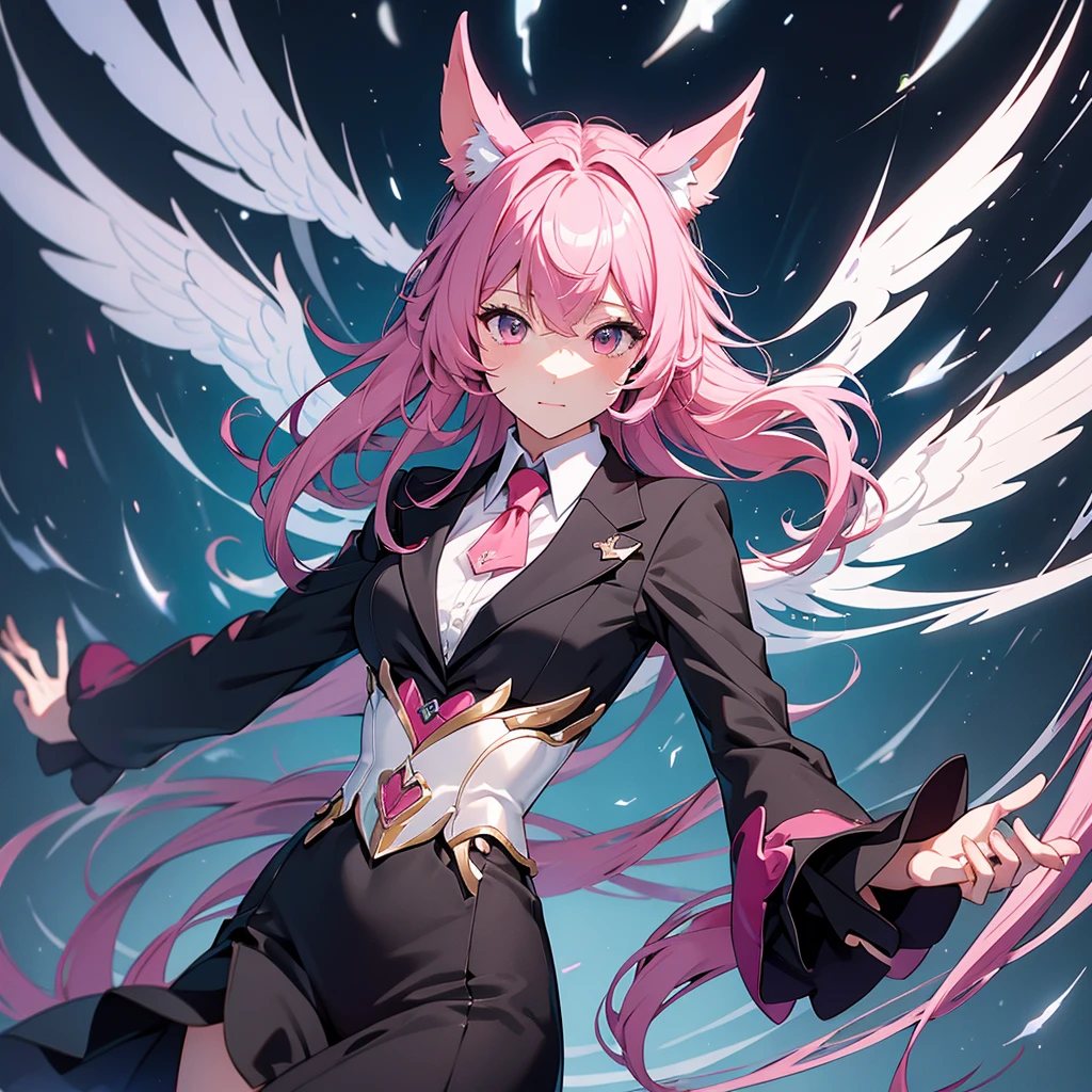 Highest quality、masterpiece、High sensitivity、High resolution、Detailed Description、Slim Body、pink perl hair、black dressed suit、wing ear, vtuber, 