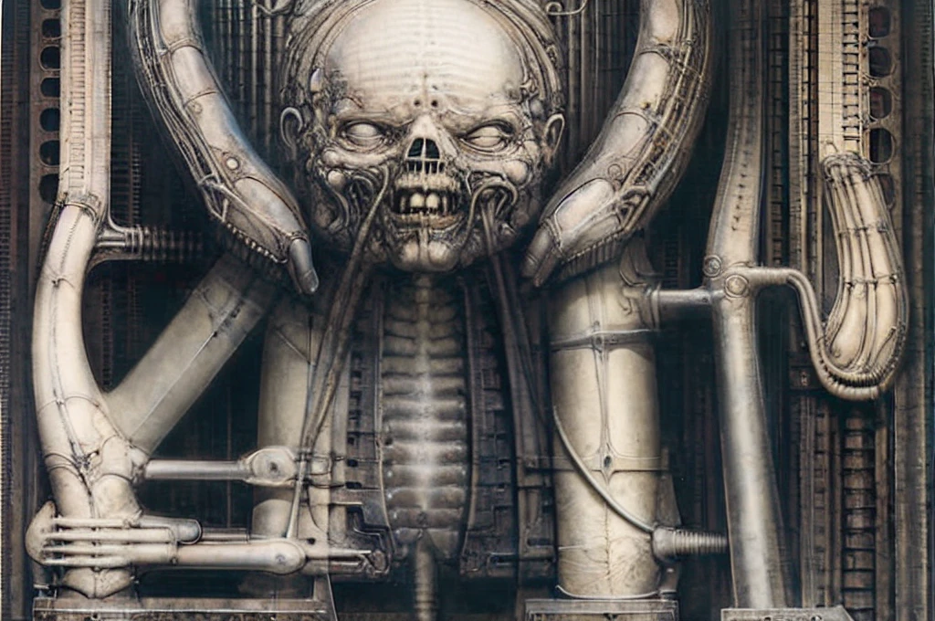 Giger_style, The image is a detailed view of H.R. Giger's Tableau \" Biomechanical Landscape No 312 \" plate.
 The image is a  photograph of a complex, abstract bone and ivory structure that resembles pipes and wires. The structure is composed of numerous pipes and wires intertwining and overlapping each other in a chaotic yet harmonious manner.
The style  is clearly biomechanical. Features combination of organic and mechanical forms. Mechanical elements dominate the background of composition, there are subtle organic hints. The use of undersaturated purple-grays dark contrasts creates a stark and graphic look. Is used a variety of linework techniques to create different textures. Fine, parallel lines create a smooth, metallic texture,while thicker, more cursive lines suggest cables or wires. The artwork is shiny and purplish brown, with an ivory bones prominently displayed. The image is highly detailed and intricate, almost like a 3d version of a medical diagram