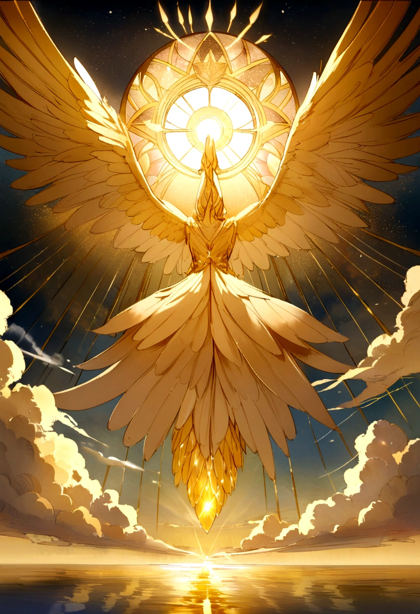 A mesmerizing depiction of a golden bird gracefully soaring through the sky, its shimmering feathers reflecting the sunlight. The bird is accompanied by a trail of glowing light, creating a celestial atmosphere. The background features a serene landscape with fluffy clouds and a distant golden sun. This whimsical image captures the essence of a golden dreamscape, evoking feelings of wonder and awe.Beside the fruit trees, there is a castle next to the fruit tree