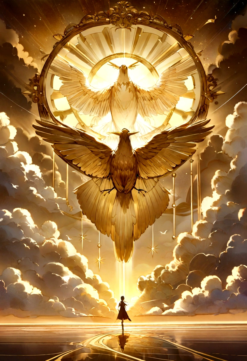 A mesmerizing depiction of a golden bird gracefully soaring through the sky, its shimmering feathers reflecting the sunlight. The bird is accompanied by a trail of glowing light, creating a celestial atmosphere. The background features a serene landscape with fluffy clouds and a distant golden sun. This whimsical image captures the essence of a golden dreamscape, evoking feelings of wonder and awe.Beside the fruit trees, there is a castle next to the fruit tree