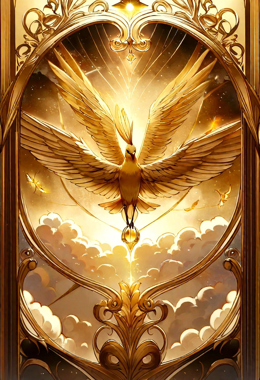 A mesmerizing depiction of a golden bird gracefully soaring through the sky, its shimmering feathers reflecting the sunlight. The bird is accompanied by a trail of glowing light, creating a celestial atmosphere. The background features a serene landscape with fluffy clouds and a distant golden sun. This whimsical image captures the essence of a golden dreamscape, evoking feelings of wonder and awe.Beside the fruit trees, there is a castle next to the fruit tree