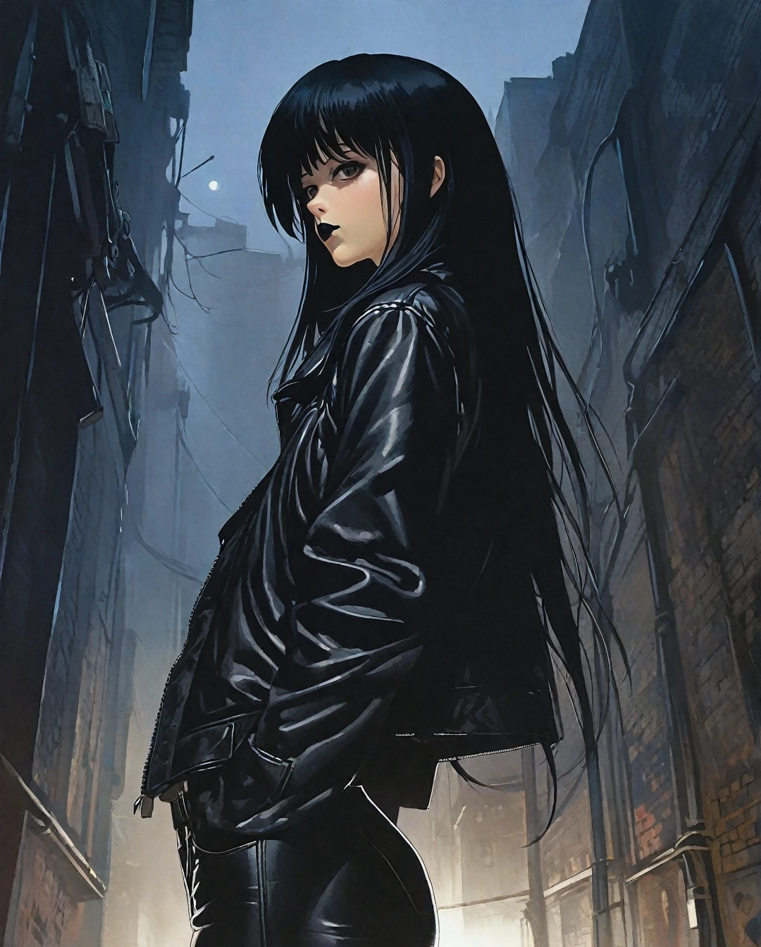 Flat-colored still of a photo of a Masterpiece, photorealistic, highly detailed, a young woman with smooth  dark long black hair with bangs and black eyes and black lips, wearing leather jacket and leather pants, standing, looking at camera, in a gloomy smoke filled alley at night with a full moon.,... anime girl from a 80s Anime portrayed by hajime sorayama, looking away from the viewer, solemn expression