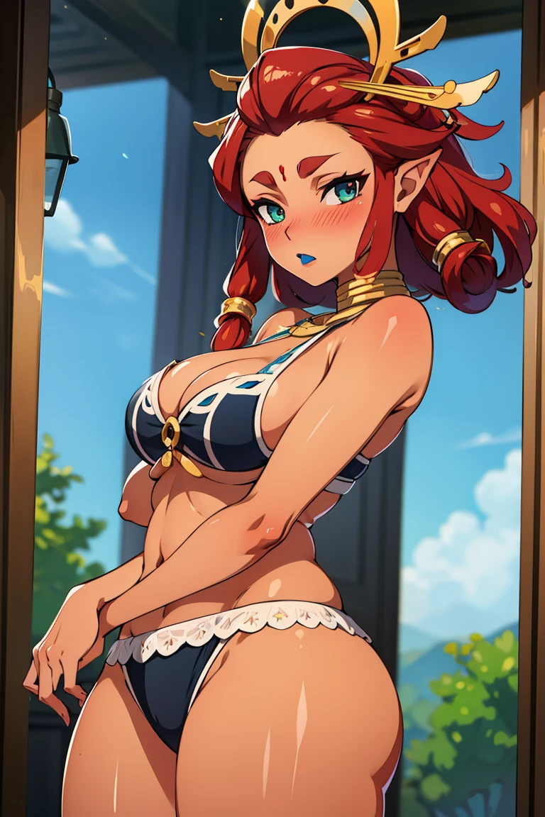 best quality, high resolution, large breasts, red hair, blush, embarrassed, cowboy shot, looking at viewer, Riju, blue lip,