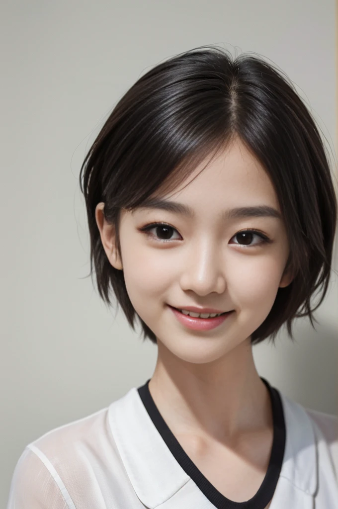 (Gray background: 1.5, Close shot: 1), (Photorealistic: 1.4), (Best Quality: 1.0), (Ultra High Definition: 1.0), 8K, RAW photo, (Masterpiece: 0.2), 1 girl, Beautiful skin, Detailed skin, Full smile, teeth, (Short hair: 1), (Soccer uniform: 1.2)