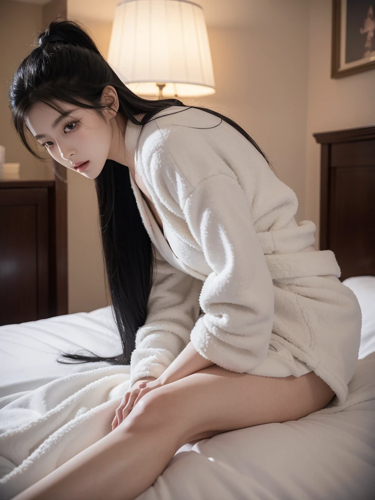 korean model , slim body , 167cm ,Movie Angle,long black ponytails hairstyle, (Cute girl,anatomy correct, bathrobe,( art,geomerty),(plethora of colorest quality,high detal,tmasterpiece,Cinematic lighting effects,4K,Chiaroscuro), on the bed