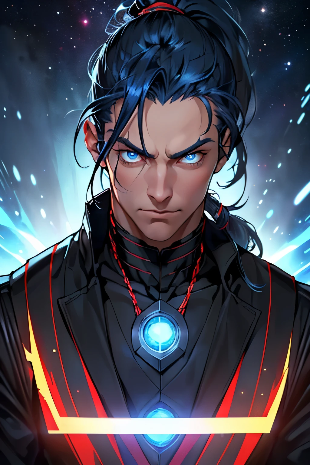 ((1man, tall, ponytail, navy blue hair, handsome, good physique), (omnipotent power, very powerful, galaxy destroyer, Omniverse Destroyer, magic manipulator), (black coat with red stripes, detailed eyes, blue eyes), (extremely detailed, 4k, Ultra HD))