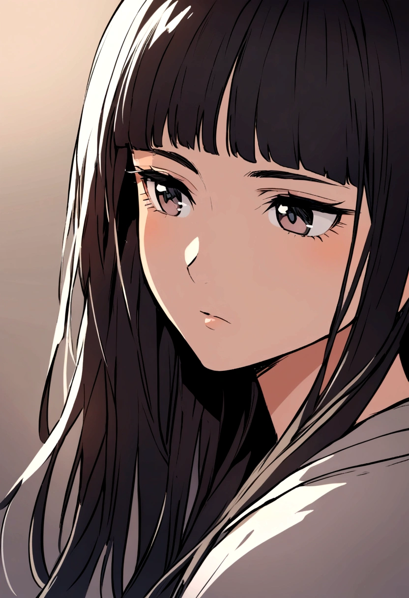 Image of a 20 year old woman, with Zendaya-style eyes, She has straight, short black hair with short bangs at eye level., Indigenous appearance, thoughtful,