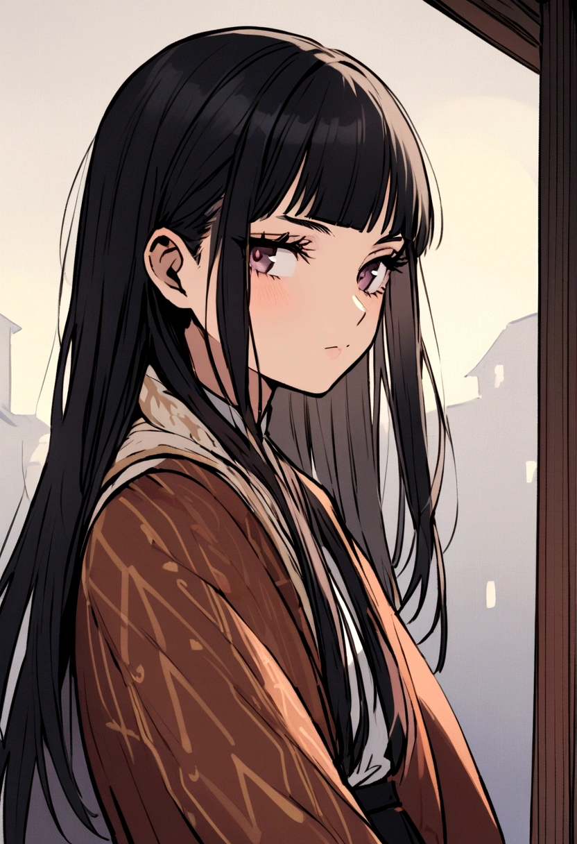 Image of a 20 year old woman, with Zendaya-style eyes, She has straight, short black hair with short bangs at eye level., Indigenous appearance, thoughtful,
