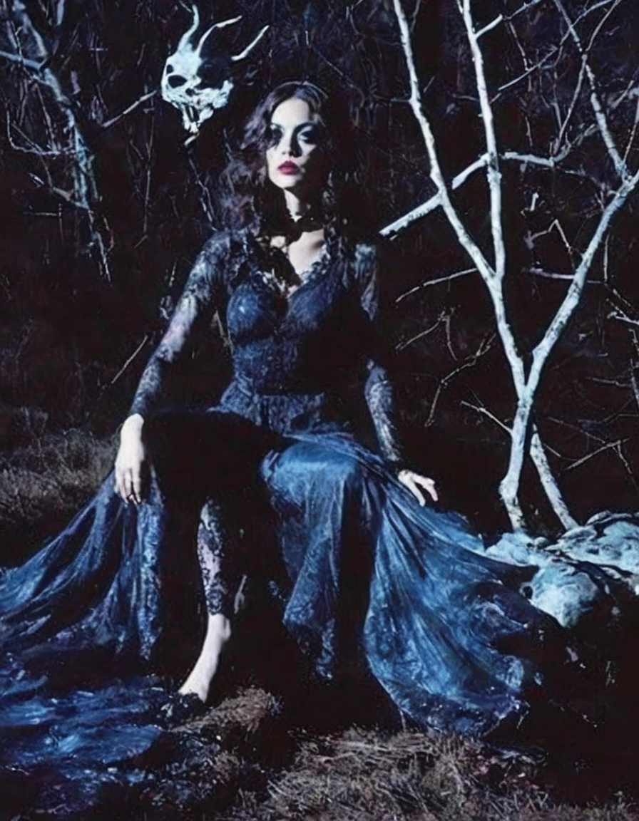 film photography, vintage, fashion shoot of horror monster blood witch, blue night forest background