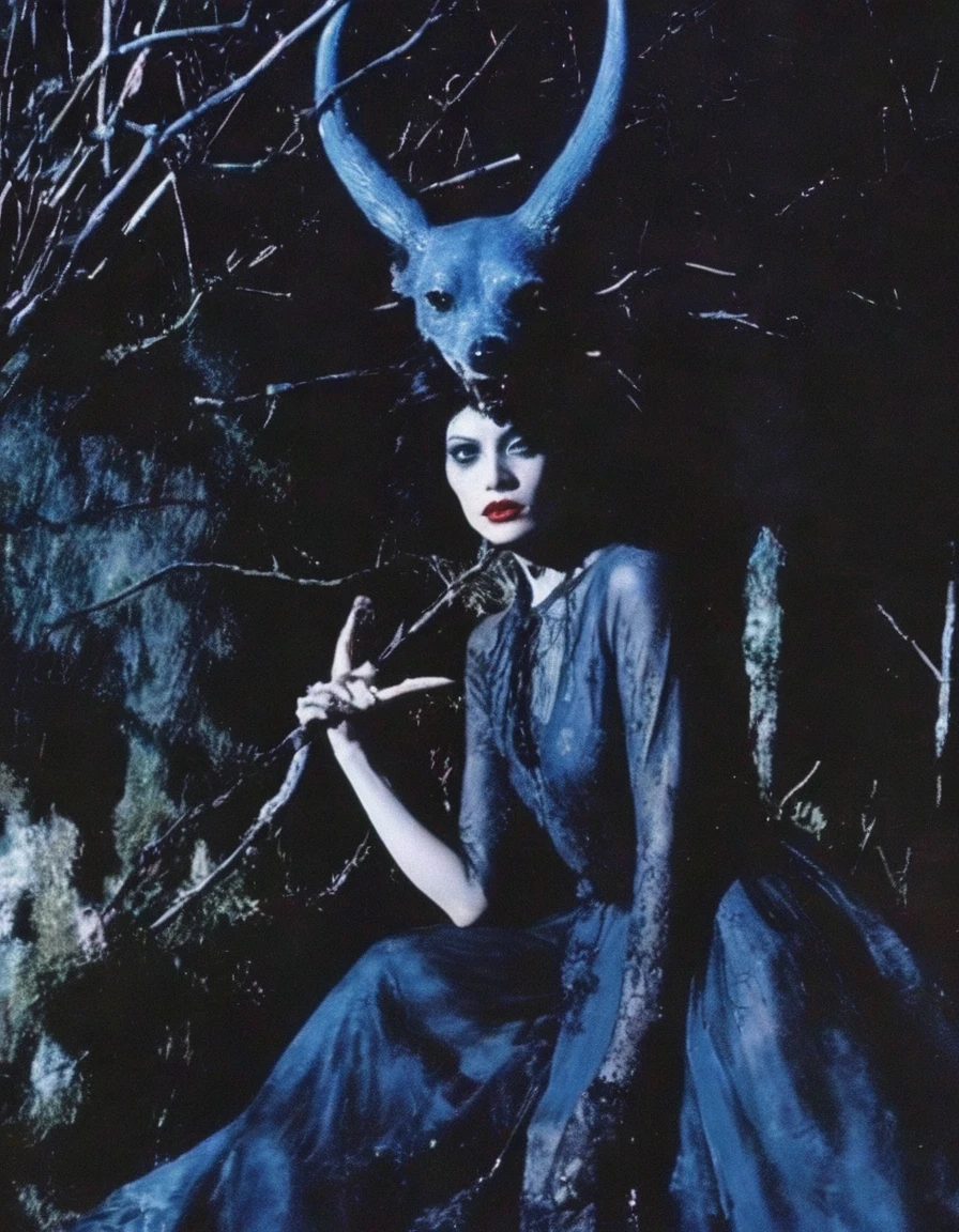 film photography, vintage, fashion photography of horror with 90s beautiful fashion model, blue night forest background