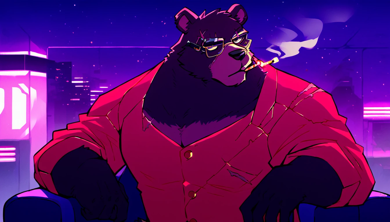 score_9, score_8_up, score_7_up, (cyberpunk city, night room, luxury apartment, security guards on background:1.5),
((Grizzly bear:1.5), anthro, solo, male, sitting in an armchair, (smoking cirage:1.2), ((wearing business suit, mafia mole boss)), ((black fur:1.5)), (scars, glasses:1.5), beautiful, (wears cyberpunk additions:1.75)