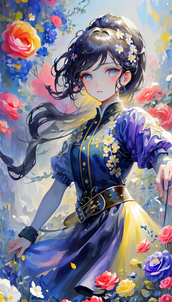 (masterpiece), (best quality), (Very detailed),(Hairstyle),(illustration), (1girl), (Fashion),Looking at the audience, beautiful eyes, (High Saturation), (Colorful splash), Colored bubbles, Long hair,Ponytail,Floating flowers, girl,reflective transparent iridescent color, sad, clever, Pretty Face