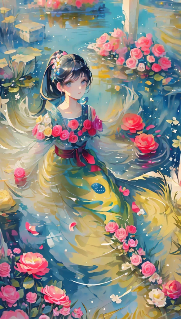 (masterpiece), (best quality), (Very detailed),(Hairstyle),(illustration), (1girl), (Fashion),Looking at the audience, beautiful eyes, (High Saturation), (Colorful splash), Colored bubbles, Long hair,Ponytail,Floating flowers, girl,reflective transparent iridescent color, sad, clever, Pretty Face