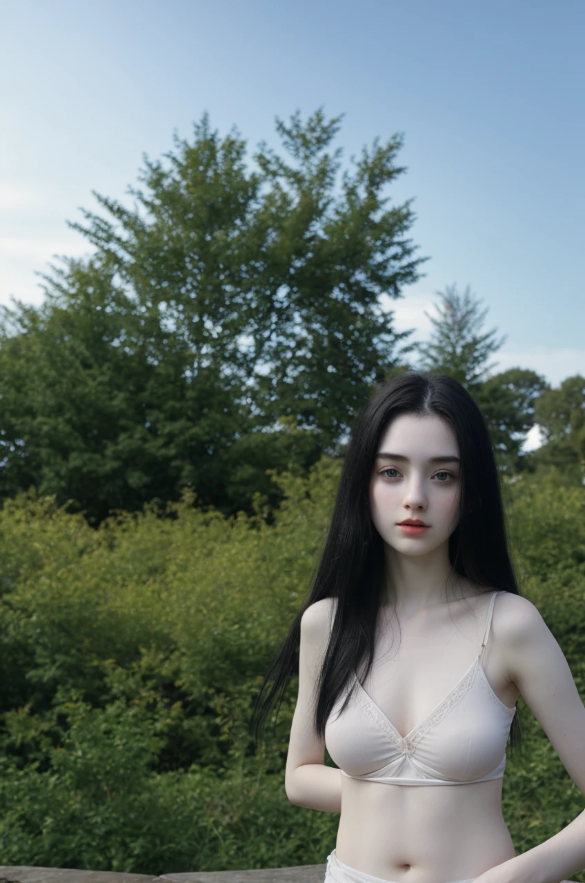 Beautiful girl, pale skin, black hair, loose hair