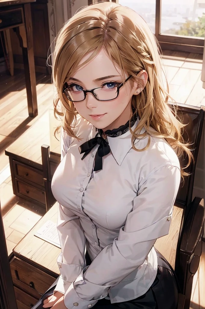 Masterpiece, 最high quality, high quality, High resolution, high quality texture, high quality shadows, High resolution, Beautiful details, Detailed CG, Detailed Texture, Realistic representation of face, Realistic, colorful, delicate, Cinematic Light, Side light, Lens flare, Ray Tracing, sharp concentrated, (1 Girl,concentrated:1.3), ( Intricate details, compensate, PureErosFaceV1:0.5), (細部まで美しいdelicateな顔, 緻密で美しいdelicateな瞳, Perfect Facial Proportions, Dense skin, Optimal ratio of four fingers to one thumb, Arms under chest, Modest chest, Wide Hips, Smooth upper abdomen, 30 years old, blue eyes, glasses,cabin attendant uniform,white blouse,tight fitting black skirt,black stockings, excellent secretary ,working as a secretary, wooden desk, wooden chair, house wife, the gaze of true love, lips of temptation, A look full of compassion ,a smile full of love, i love you, Acting lovey-dovey, air fortress hair, blonde hair, I love you so much I'm crazy,i love you