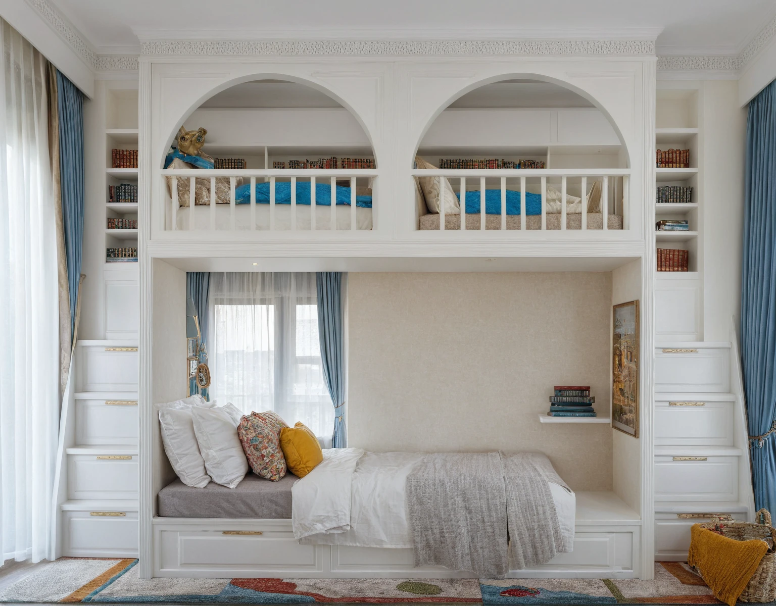 Raw photo,Masterpiece, high quality, best quality, authentic, super detail,
interior, indoors,living room, neoclassic style , bed, cabinet, lamp, rug, windows, curtains, bookshelf, bright tone, white wall
, (daylight:1.1), vivid colour, (realistic:1.2),JJ's Interior