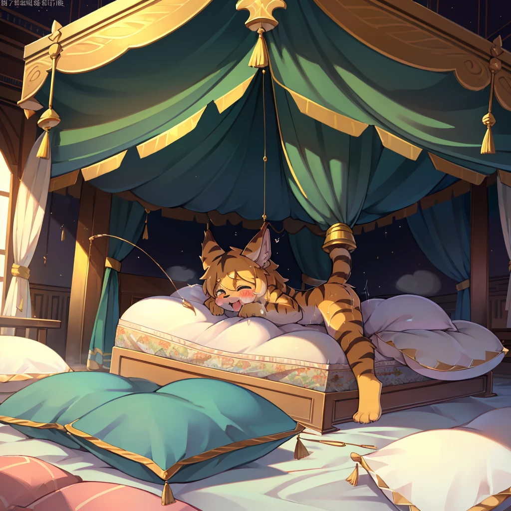 （masterpiece，best quality），my own, The Beast, , (适合任何Pillow背景的光影））, 穿着pajamas可爱女孩在Pillow上摆姿势 ，pajamas，Nature,, (blush),a smile，Pillow头,（很多Pillow），Soft cushion，（canopy bed），Soft pillow quotation，（Pillow损坏），很多Pillow，（Crotch rubbing），（（Pillow驼峰）），（Pillow），（A tail），，（粉色Pillow），（Love around the protagonist），Steam，（Pillow头），（），（豪华Pillow），（Pillow），（palace），（Palace bedroom），（Pillow），柔软的Pillow，，（Classical European style bedroom ），（excited，shy person，Lack of expressiveness，），，pillow humping,my,tiger tail,tiger ears,Tiger pattern，，Sweat，，Sweaty，Body swing，身体Shaking lines，Shaking lines，best quality, masterpiece, ((Maximum resolution)), artwork, ，,,(Interior of the palace),(In the bedroom at night),(Deluxe Rococo Canopy King Bed),On a big and spacious bed,(the 女孩 is lying on the bed),Before bedtime,,,Luxurious curtains with ornate ruffles and ribbons surround the bed,((((There are many pillows piled on the bed)))),Detail of Quilt,Detailed bed sheets,Ruffled Bed Skirt,Deep Bed,Background with depth,pajamas , ((((大量的Pillow))))，peeing，squatting，water,Urine,Shaking lines，wetting pillows,Flowing liquid，Violent body shaking，剧烈Shaking lines，详细的软Pillow,,（女孩正躺在许多柔软的Pillow上,周围有许多Pillow），(Pillow上有液体），Sweat，saliva，Splashing urine，Pillow上和床上有水迹,ArIn,Tongue