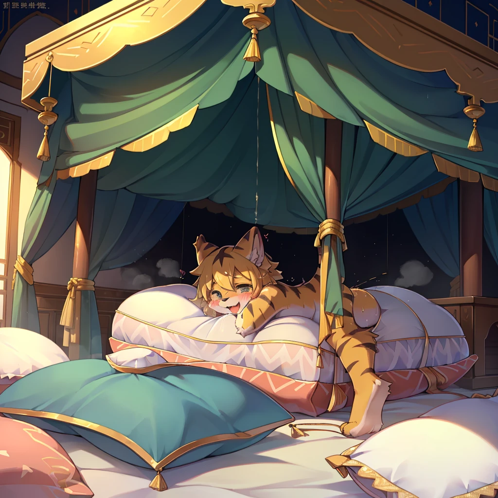 （masterpiece，best quality），my own, The Beast, , (适合任何Pillow背景的光影））, 穿着pajamas可爱女孩在Pillow上摆姿势 ，pajamas，Nature,, (blush),a smile，Pillow头,（很多Pillow），Soft cushion，（canopy bed），Soft pillow quotation，（Pillow损坏），很多Pillow，（Crotch rubbing），（（Pillow驼峰）），（Pillow），（A tail），，（粉色Pillow），（Love around the protagonist），Steam，（Pillow头），（），（豪华Pillow），（Pillow），（palace），（Palace bedroom），（Pillow），柔软的Pillow，，（Classical European style bedroom ），（excited，shy person，Lack of expressiveness，），，pillow ,my,tiger tail,tiger ears,Tiger pattern，，Sweat，，Sweaty，Body swing，身体Shaking lines，Shaking lines，best quality, masterpiece, ((Maximum resolution)), artwork, ，,,(Interior of the palace),(In the bedroom at night),(Deluxe Rococo Canopy King Bed),On a big and spacious bed,(the 女孩 is lying on the bed),Before bedtime,,,Luxurious curtains with ornate ruffles and ribbons surround the bed,((((There are many pillows piled on the bed)))),Detail of Quilt,Detailed bed sheets,Ruffled Bed Skirt,Deep Bed,Background with depth,pajamas , ((((大量的Pillow))))，peeing，squatting，water,,Shaking lines，wetting pillows,Flowing liquid，Violent body shaking，剧烈Shaking lines，详细的软Pillow,,（女孩正躺在许多柔软的Pillow上,周围有许多Pillow），(Pillow上有液体），Sweat，saliva，Splashing ，Pillow上和床上有水迹,ArIn,Tongue