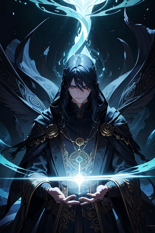 a mysterious man with powerful magical aura, intricate ornate robe, glowing eyes, magical energy swirling around him, dark fantasy, cinematic lighting, dramatic shadows, highly detailed, photorealistic, 8k, masterpiece