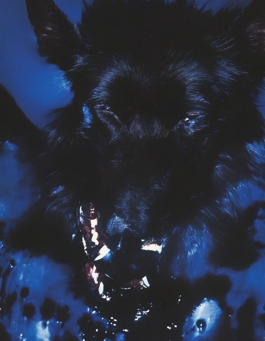 black dog cover in blood in darkness at night, blue background