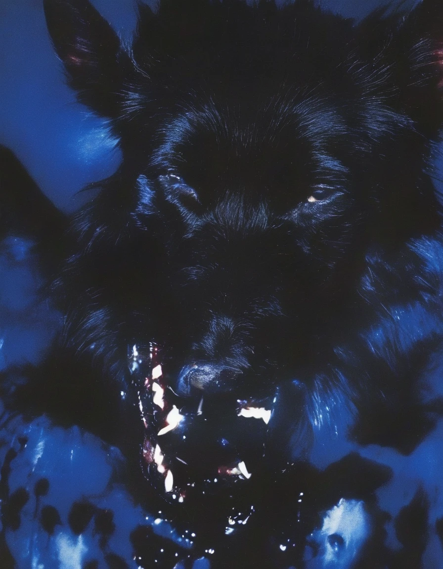 black dog cover in blood in darkness at night, blue background