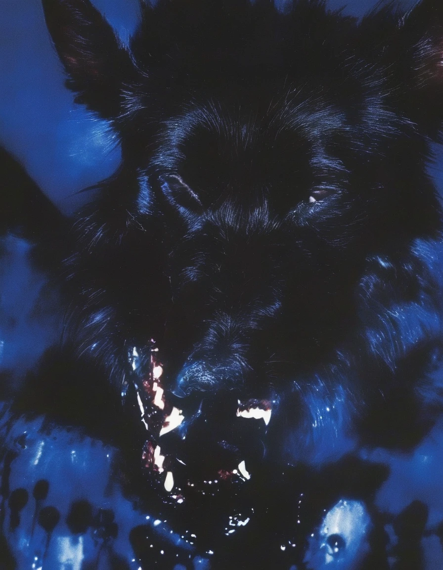 black dog cover in blood in darkness at night, blue background