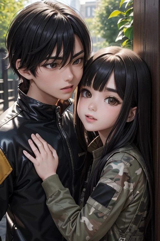 Young boy and girl kissing, under the trees、Yang Bin、Sun Ray、surveillance、Evening Glow、FUDS HT3、face close up、very tousled dark brown tousled long hair, golden brown eyes, Long eyelashes, camouflage overalls (camouflage racing suit:1.1), massive high infantry boots, in the background Postapocalypse 