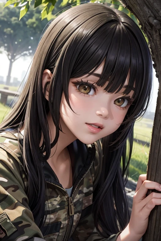 Young boy and girl kissing, under the trees、Yang Bin、Sun Ray、surveillance、Evening Glow、FUDS HT3、face close up、very tousled dark brown tousled long hair, golden brown eyes, Long eyelashes, camouflage overalls (camouflage racing suit:1.1), massive high infantry boots, in the background Postapocalypse 