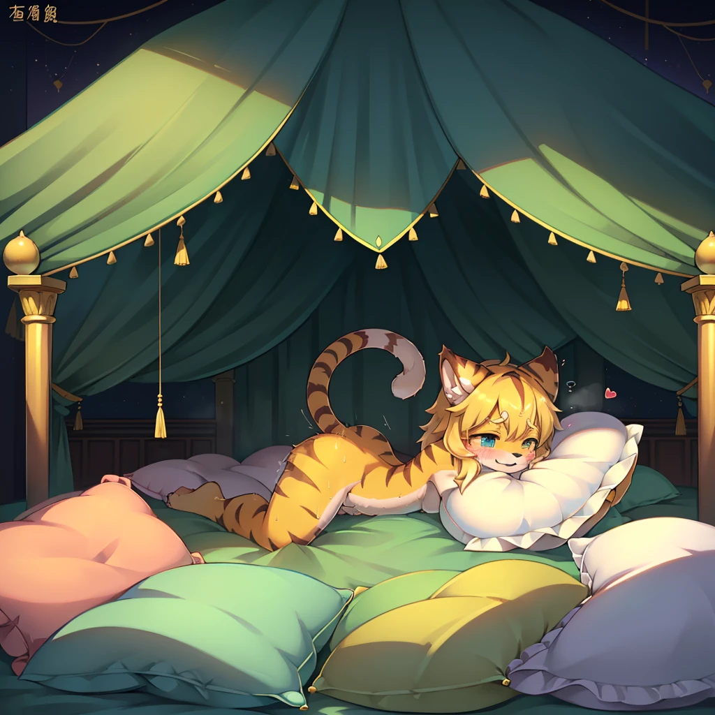 （masterpiece，best quality），my own, The Beast, , (适合任何Pillow背景的光影））, 穿着pajamas可爱女孩在Pillow上摆姿势 ，pajamas，Nature,, (blush),a smile，Pillow头,（很多Pillow），Soft cushion，，Soft pillow quotation，（Pillow损坏），很多Pillow，（Crotch rubbing），（（Pillow驼峰）），（Pillow），（A tail），，（充满细节的Pillow），（Love around the protagonist），Steam，（Pillow头），（），（豪华Pillow），（Pillow），（palace），（Palace bedroom），（Pillow），柔软的Pillow，，（Classical European style bedroom ），（excited，shy person，Lack of expressiveness，），，pillow humping,my,tiger tail,tiger ears,Tiger pattern，，Sweat，，Sweaty，(Body swing，身体Shaking lines，Shaking lines)，best quality, masterpiece, ((Maximum resolution)), artwork, ，,,(Interior of the palace),(In the bedroom at night),(Deluxe Rococo Canopy King Bed),On a big and spacious bed,(the 女孩 is lying on the bed),Before bedtime,,,Luxurious curtains with ornate ruffles and ribbons surround the bed,((((There are many pillows piled on the bed)))),Detail of Quilt,Detailed bed sheets,Ruffled Bed Skirt,Deep Bed,Background with depth,((详细的Pillow)), ((((大量的Pillow))))，peeing，squatting，water,Urine,Shaking lines，wetting pillows,Flowing liquid，Violent body shaking，剧烈Shaking lines，详细的软Pillow,,((女孩正躺在许多柔软的Pillow上,周围有许多Pillow))，Splashed liquid，Pillow和床上有水迹，caughtpeeing,Lots of liquids，Urine everywhere