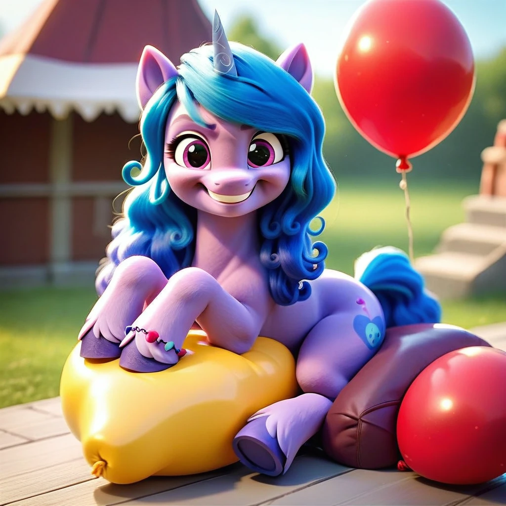 cinematic film still score_9, score_8_up, score_7_up, score_6_up, score_5_up, score_4_up, Digital art, cute, 
Izzy Moonbow, earth pony, muscular, smirking, feral,
rating_questionable,
meadow, 
(balloon fetish, looner, sitting on a balloon, balloon sitting:1.2), 
(detailed balloon, one balloon, sitpop:1.3), 
thick thighs, balloon fetish, sitting on a balloon, one balloon, too heavy,
(tied balloon, tight balloon, necked balloon:1.2), 
foreshortening, depth of field, motion lines, 
emphasis lines, impact emanata,
screencap,  . shallow depth of field, vignette, highly detailed, high budget, bokeh, cinemascope, moody, epic, gorgeous, film grain, grainy