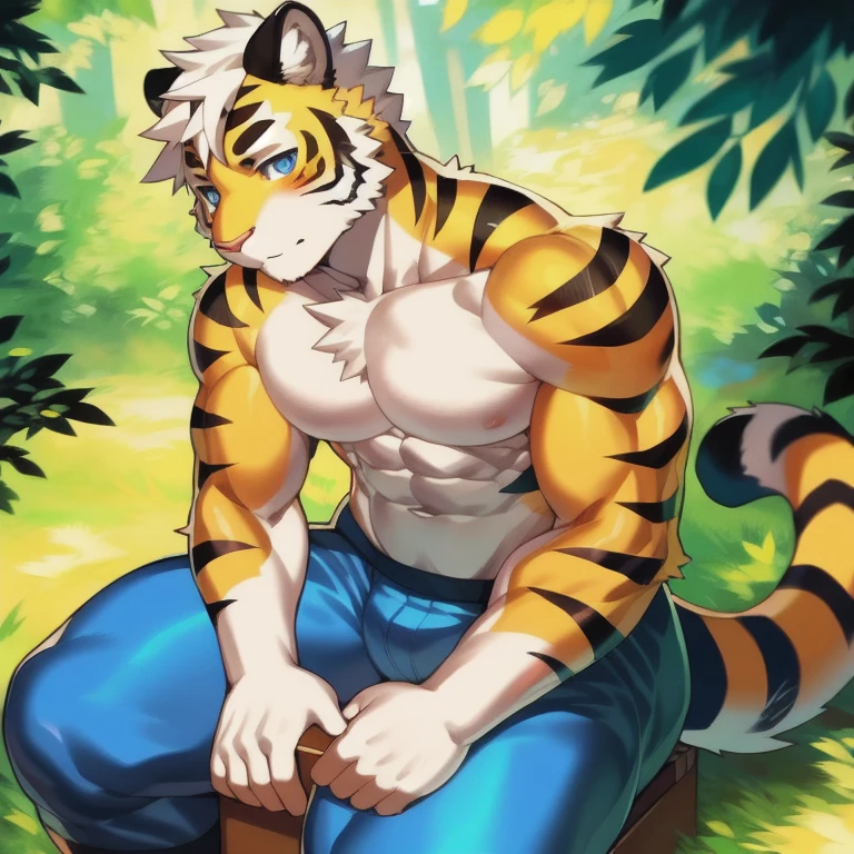 author：jijis-waifus,(author：pgm300:0.5),best quality,masterpiece,forest,box,sit,Solitary,aldult,muscular male,male,tiger,Cats,short hair,White hair,blue eyes