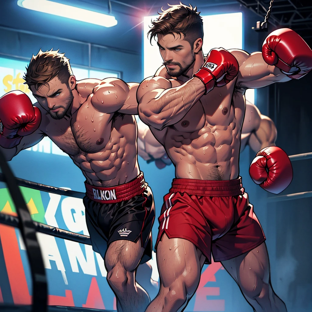 sexy mature daddy,stephen amell ,dark blond hair, stubble,beard and sexy moustache ,muscular , best quality, masterpiece, ultra high resolution, Detailed background illustration, single, muscles, Volumetric lighting, depth of field, beard, flow,wearing a boxing short , shirtless showing hard nipples , huge bulge, boxing gloves ,, martial artist, flow sweat, short dark blond hair, perfect eyes, barefoot, Boxing pose in the ring