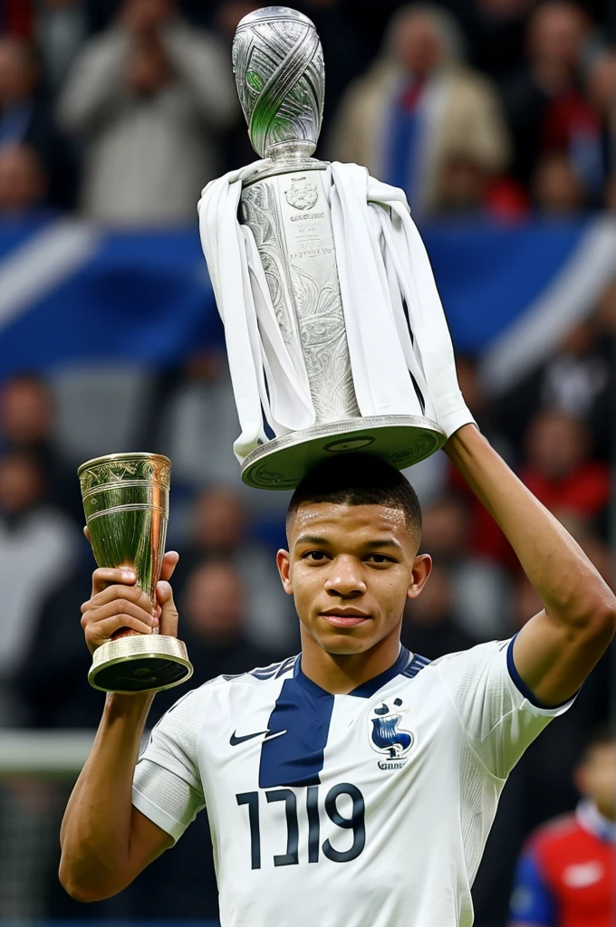 A realistic photograph of Kylian Mbappé who plays for the France team and who lifts the 2024 Euro Cup in Germany