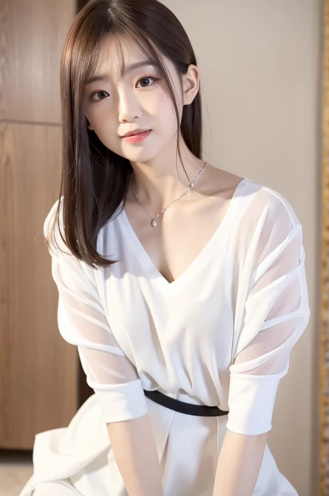 best qualityer, work of art, (photorrealistic:1.4), 1 girl, drlight smile, shirt with collar, waist up, dramatic lighting, from low