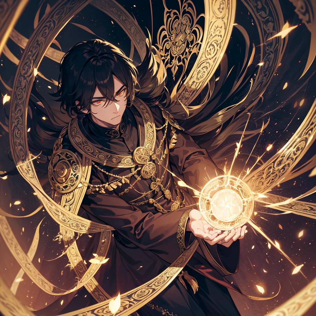 a mysterious man with powerful magical aura, intricate ornate robe, glowing eyes, magical energy swirling around him, dark fantasy, cinematic lighting, dramatic shadows, highly detailed, photorealistic, 8k, masterpiece