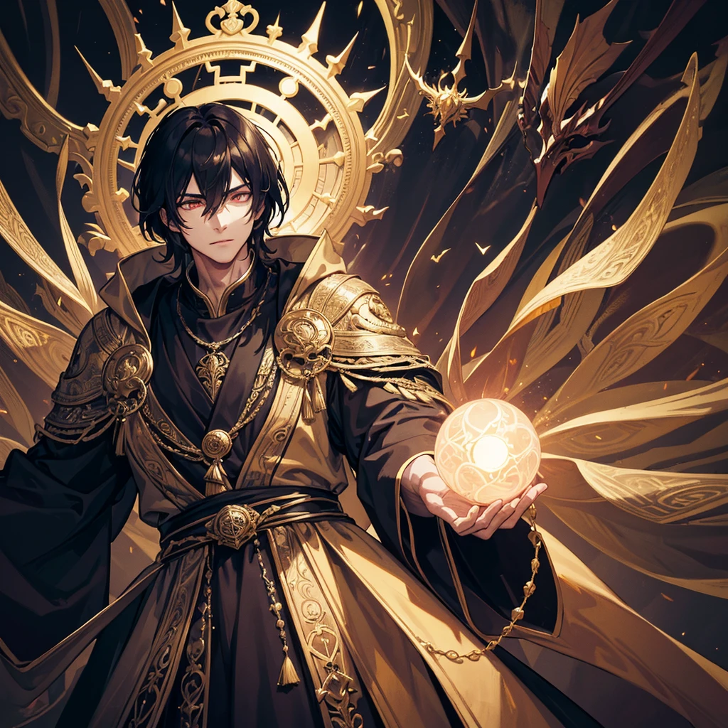 a mysterious man with powerful magical aura, intricate ornate robe, glowing eyes, magical energy swirling around him, dark fantasy, cinematic lighting, dramatic shadows, highly detailed, photorealistic, 8k, masterpiece