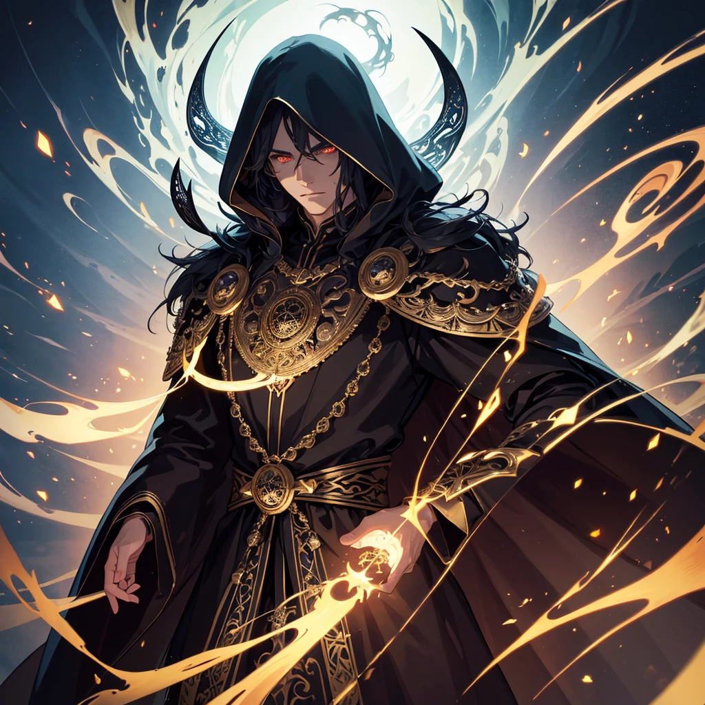 a mysterious man with powerful magical aura, intricate ornate robe, glowing eyes, magical energy swirling around him, dark fantasy, cinematic lighting, dramatic shadows, highly detailed, photorealistic, 8k, masterpiece
