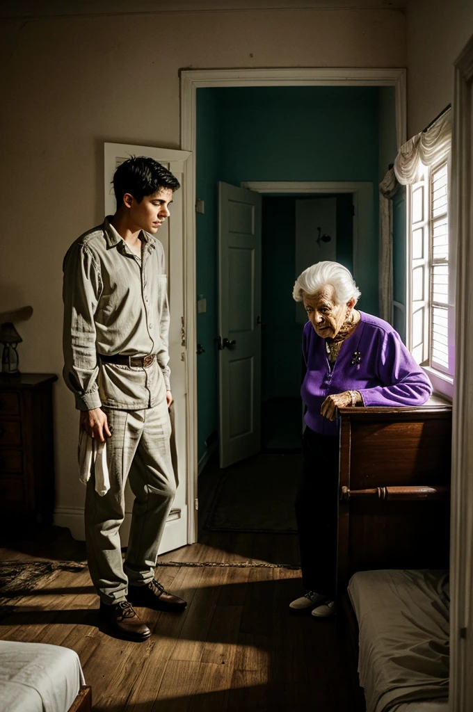 Include visuals of a young man exploring a creepy room, encountering an elderly ghostly woman near a bed.