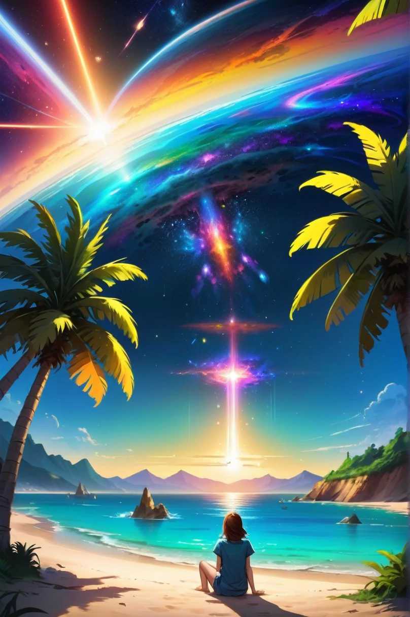 a sitting in the stars and reading a colored shining book, rainbow colored cosmic nebula sky background, stars, galaxies